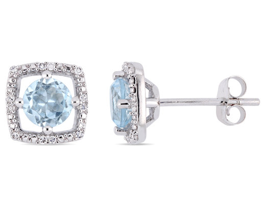 1.00 Carat (ctw) Blue Topaz Solitaire Halo Earrings in 10K White Gold with Diamonds