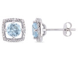 1.00 Carat (ctw) Blue Topaz Solitaire Halo Earrings in 10K White Gold with Diamonds