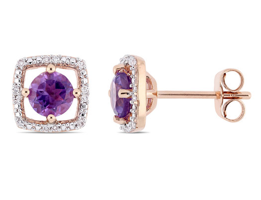 4/5 Carat (ctw) Amethyst Halo Earrings in 10K Rose Pink Gold with Diamonds