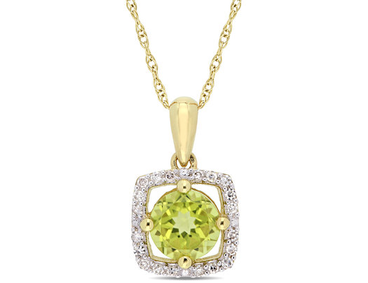7/8 Carat (ctw) Soitaire Peridot Pendant Necklace in 10K Yellow Gold with Diamonds and Chain