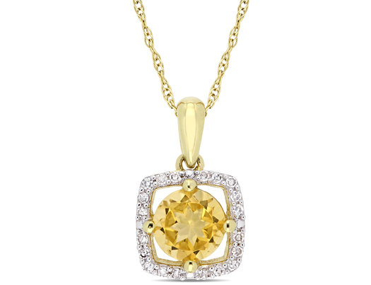 3/4 Carat (ctw) Citrine Pendant Necklace in 10K Yellow Gold with Chain and Diamonds 1/10 Carat (ctw I2-I3)