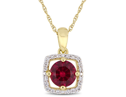 1.00 Carat (ctw) Lab Created Ruby Solitaire Pendant Necklace in 10K Yellow Gold with Diamonds 1/10 (ctw I2-I3) and Chain