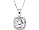 1.00 Carat (ctw) Lab Created White Sapphire Solitaire Pendant Necklace in 10K White Gold with Chain and Diamonds 1/10 Carat (ctw)