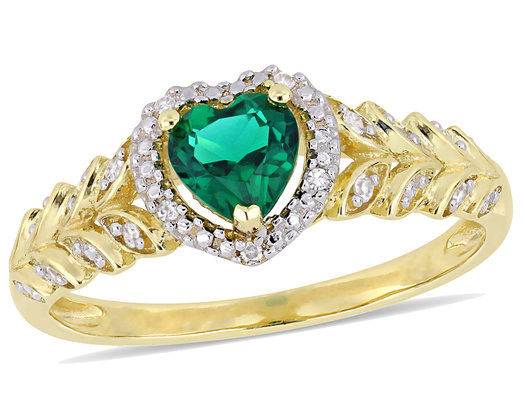 2/5 Carat (ctw) Lab Created Emerald Promise Heart Ring in 10K Yellow Gold with Diamonds