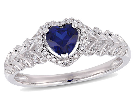 1/2 Carat (ctw) Lab Created Blue Sapphire Heart Promise Ring in 10K White Gold with Diamonds