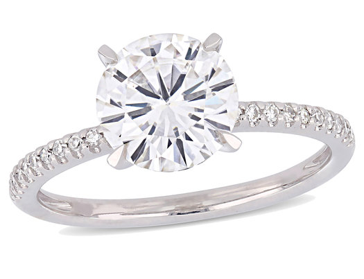 2.00 Carat (ctw) Synthetic Moissanite Solitaire Engagement Ring 14k White Gold with Diamonds 1/10 Carat (ctw)