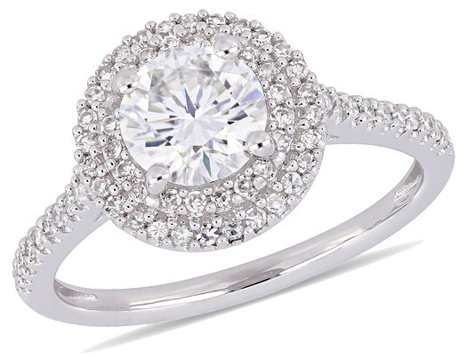 1.00 Carat (ctw) Moissanite Halo Engagement Ring in 14K White Gold with Diamonds 1/3 Carat (ctw I1-I2)