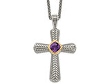 2/3 Carats (ctw) Natural Amethyst Cross Pendant Necklace in Sterling Silver with 14K Gold Accents and Chain