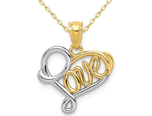 14K Yellow and White Gold LOVE Heart Pendant Necklace with Chain