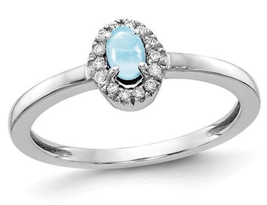 1/3 Carat Natural Cabachon Aquamarine Ring in 14K White Gold with Accent Diamonds