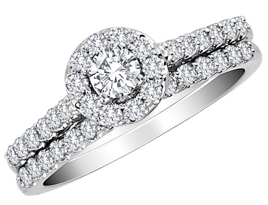 IGI Certified 1.00 Carat (ctw H-I, I2-I3) Diamond Halo Engagement Ring & Wedding Band in 10K White Gold