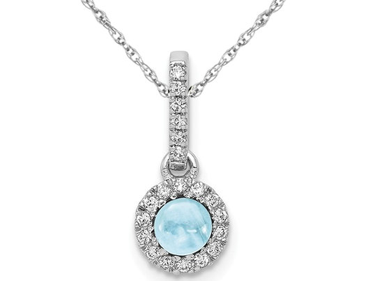 1/2 Carat (ctw) Natural Cabochon Aquamarine Pendant Necklace in 14K White Gold with Chain and Accent Diamonds
