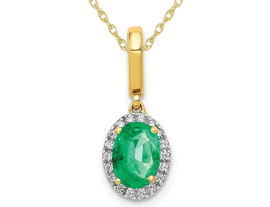 4/5 Carat (ctw) Natural Emerald Halo Pendant Necklace in 14K Yellow Gold with Chain and Accent Diamonds
