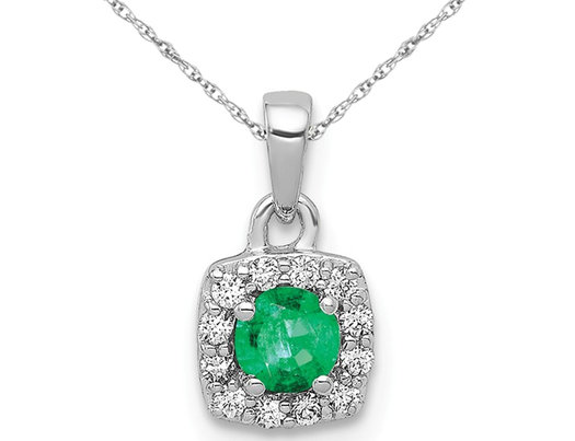 1/5 Carat (ctw) Natural Emerald Halo Pendant Necklace in 14K White Gold with Chain and Accent Diamonds