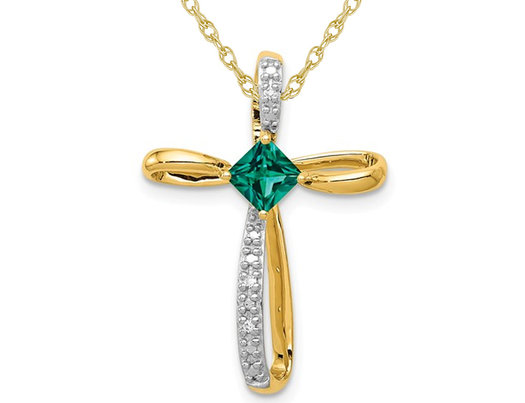 1/4 Carat (ctw) Lab Created Emerald Cross Pendant Necklace 14K Yellow Gold with Chain