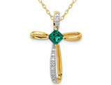 1/4 Carat (ctw) Lab Created Emerald Cross Pendant Necklace 14K Yellow Gold with Chain