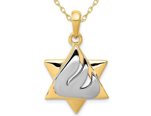 14K Yellow and White Gold Star of David Shin Pendant Necklace with Chain