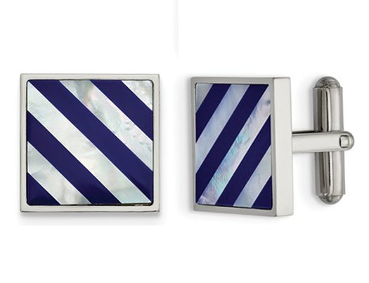 Men's Mother of Pearl Striped Cuff Links in Stainless Steel