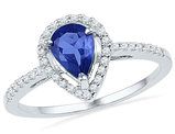7/8 Carat (ctw) Lab Created Blue Sapphire Teardrop Ring in 10K White Gold with Diamonds 1/5 (ctw I2-I3)