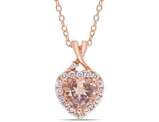 1.40 Carat (ctw) Morganite and Created White Sapphire Heart Pendant Necklace in Rose Sterling Silver with Chain