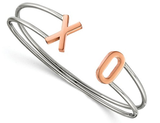 Rose Pink and White Stainless Steel X-O Polished Cuff Bangle Bracelet