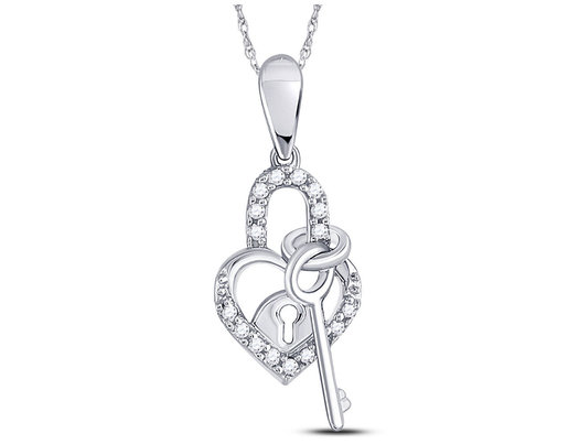 1/10 Carat (ctw I2-I3) Diamond Heart Lock Key Pendant Necklace in 10K White Gold with Chain