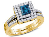 7/8 Carat (Color H-I, I1-I2) Princess Cut Blue Diamond Engagement Ring Bridal Wedding Set in 14K Yellow Gold