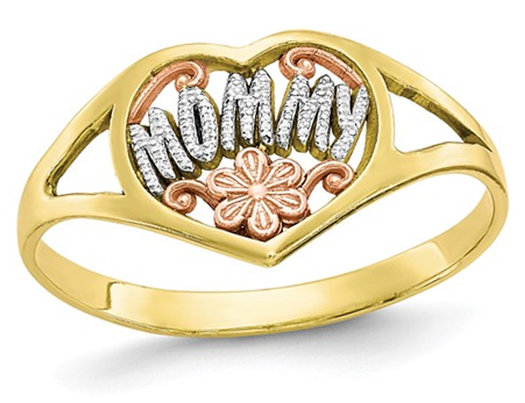 10K Yellow Gold Polished MOMMY Flower Heart Ring 