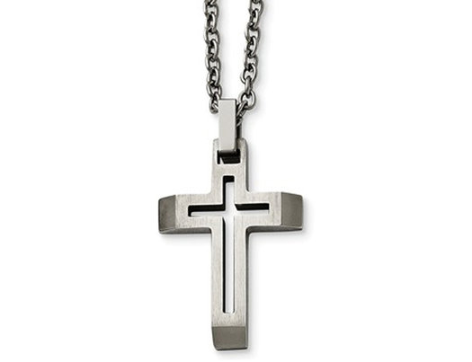 Mens Stainless Steel Brushed Cross Pendant Necklace with Chain