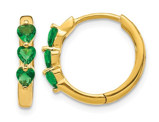 4/5 Carat (ctw) Lab-Created Emerald Heart Hoop Earrings in 14K Yellow Gold