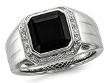 Men's Black Onyx Ring with Accent Diamonds in Rhodium Plated Sterling Silver