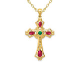 14K Yellow Gold 2.27 Carat (ctw) Ruby and Emerald Cross Pendant Necklace with Chain