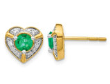 2/3 Carat (ctw) Natural Green Solitaire Heart Emerald Earrings in 14K Yellow Gold with Diamonds