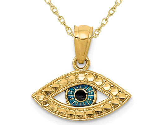 14K Yellow Gold Blue Enamel Evil Eye Charm Pendant Necklace with Chain