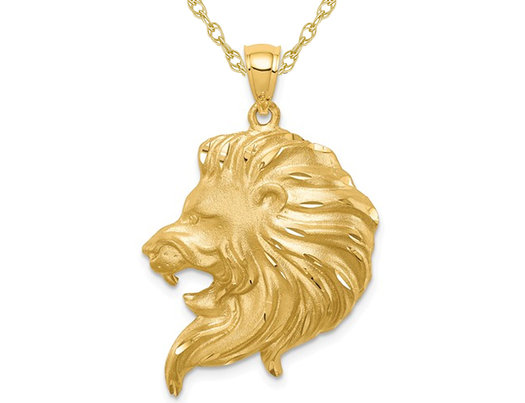 14K Yellow Gold Large Lion Head Charm Pendant Necklace with Chain