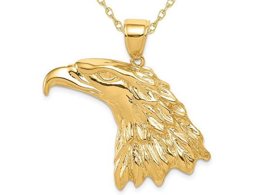 14K Yellow Gold Large Eagle Head Charm Pendant Necklace with Chain