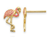 14K Yellow Gold Pink Enamel Flamingo Charm Post Earrings