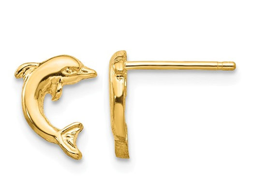 14K Yellow Gold Polished Dolphin Charm Post Earrings