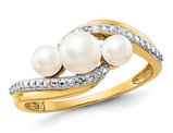 14K Yellow Gold Three Stone Freshwater Cultured White Pearl Ring with Accent Diamonds