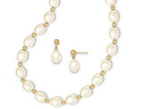 14K Yellow Gold Freshwater Cultured White Pearl 7-8mm Dangle Earrings and matching Necklace Set
