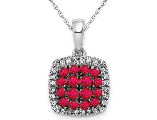 7/10 Carat (ctw) Ruby Halo Cluster Pendant Necklace in 14K White Gold with Diamonds and Chain