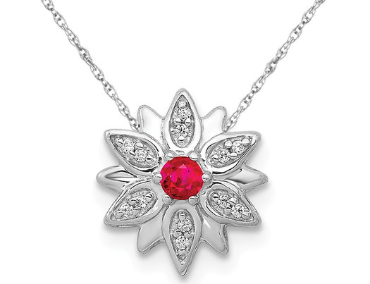 1/12 Carat (ctw) Natural Ruby Flower Charm Pendant Necklace in 14K White Gold with Chain