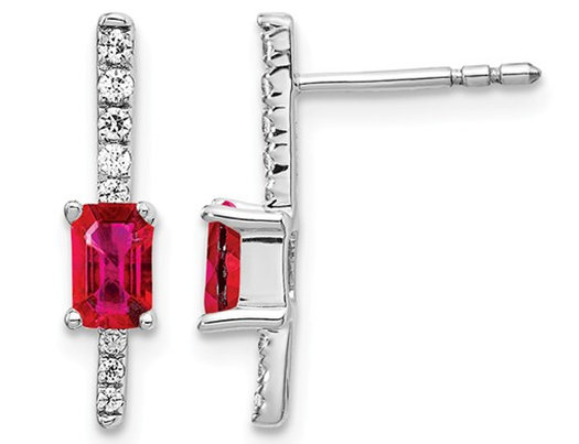 14K White Gold 1/3 Carat (ctw) Natural Emerald Cut Ruby Earrings with Diamonds 1/8 Carat (ctw)