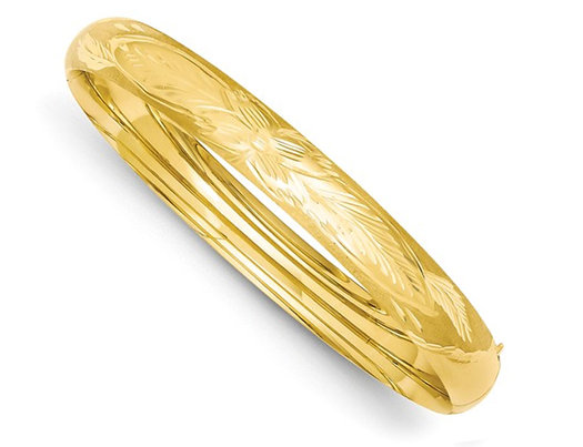 14K Yellow Gold Florentine Engraved Hinged Bangle Bracelet (8.00 mm)