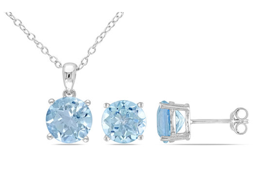 6.35 Carat (ctw) Blue Topaz 8mm Solitaire Earrings and Pendant Set n Sterling Silver with Chain