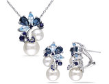 White Freshwater Cultured Pearl, Blue Topaz and Sapphire 5.00 Carat (ctw) Cluster Earrings and Pendant in Sterling Silver