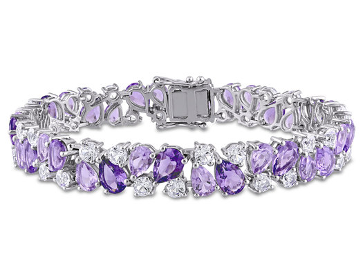 28.50 Carat (ctw) Amethyst, Rose De France, Lab Created White Sapphire Bracelet in Sterling Silver