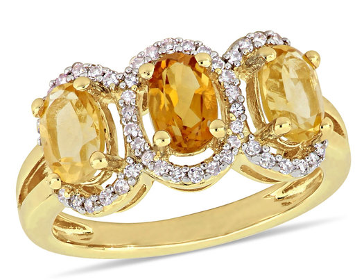 1.35 Carat (ctw) Madeira Citrine Three Stone Ring with Diamonds 1/5 Carat (ctw) in Yellow Plated Sterling Silver
