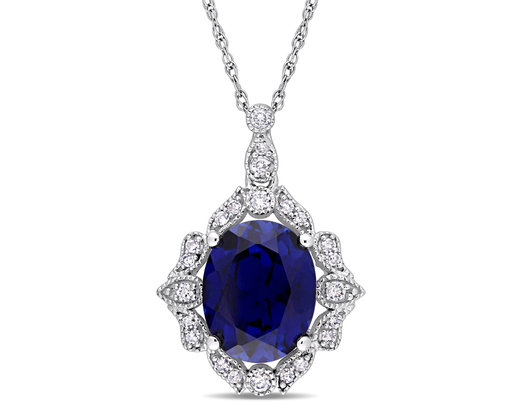 4.15 Carat (ctw) Lab Created Blue Sapphire Drop Pendant Necklace in 10K White Gold with Diamonds 1/6 Carat (ctw)