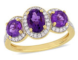 1.60 Carat (ctw) Amethyst Three Stone Ring with Diamonds 1/4 Carat (ctw) in Yellow Plated Sterling Silver